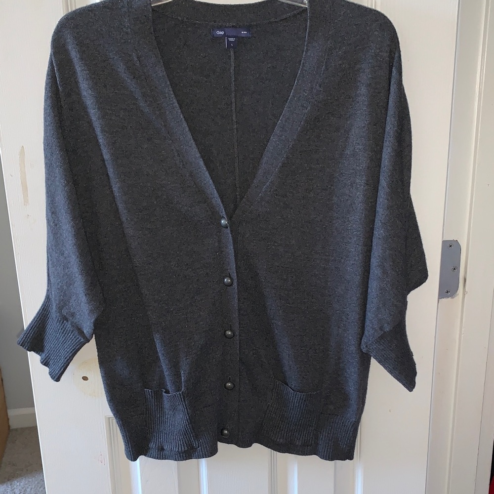 V-Neck Cardigan Sweater. Gap Charcoal Gray with Metal Buttons